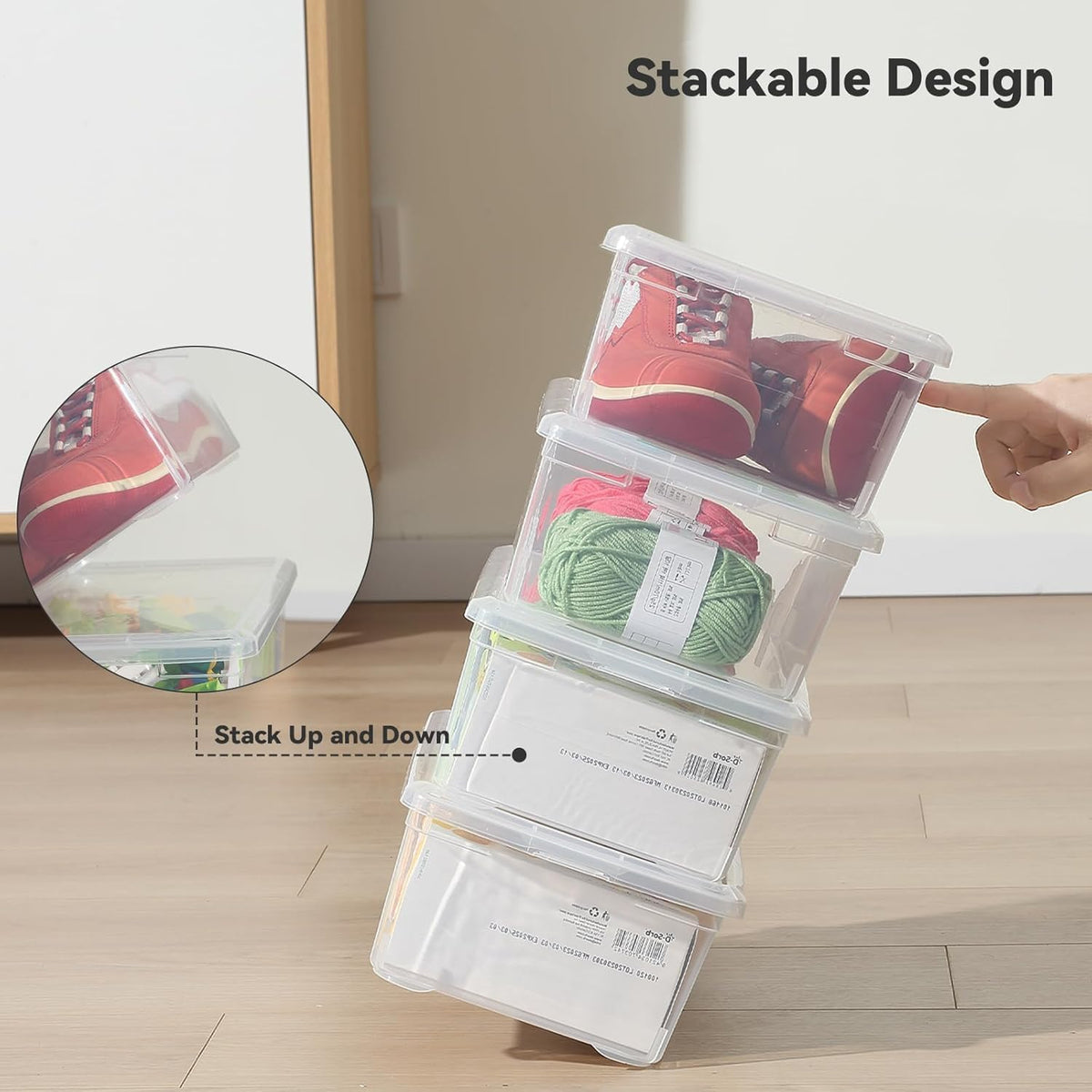 novelinks 8 Pack 6 Quart Stackable Shoe Storage Bins with Lids (Clear)