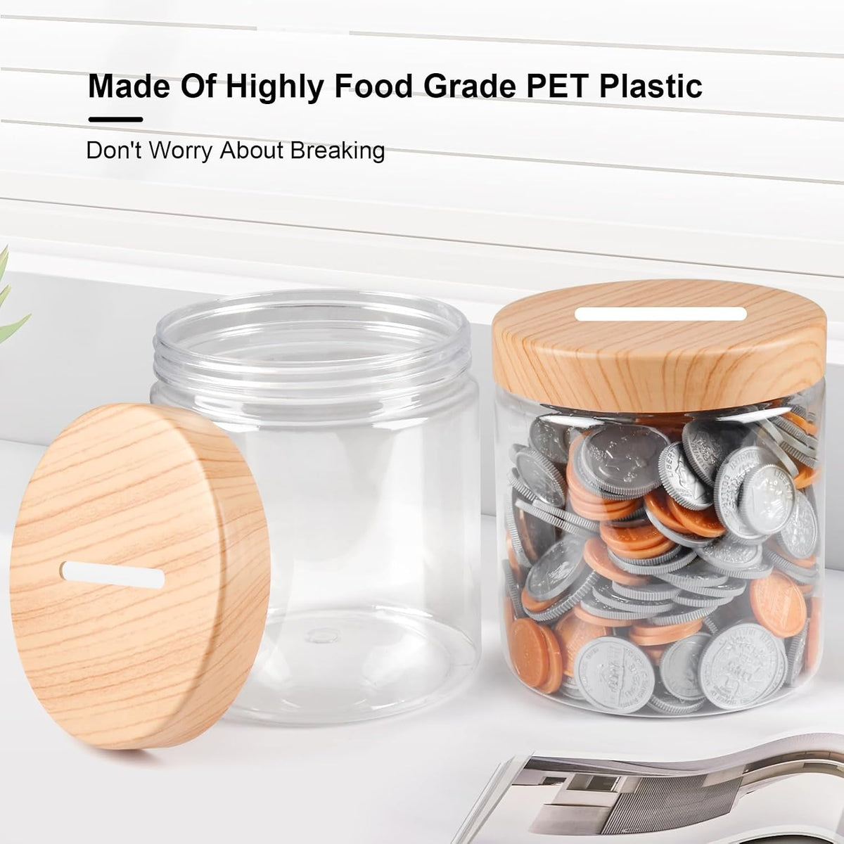 Small Coin Bank Jars 4-Pack, 16oz Clear Plastic Coin Money Tip Coin Jars with Slotted Lids, Small Transparent Plastic Coin Money Piggy Banks Jars for Adults Teens Girls Boys