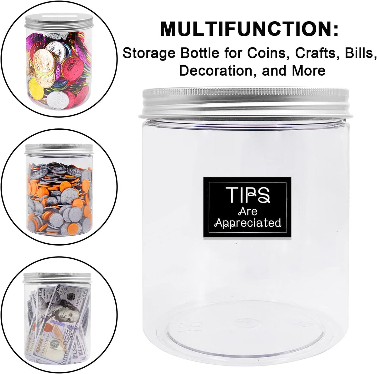 Large Coin Bank Jar, Big Clear Plastic Coin Money Tip Change Saving Piggy Jar with Silver Slotted Lid, Large Plastic Coins Piggy Money Change Clear Bank for Adults Teens Kids Girls Boys