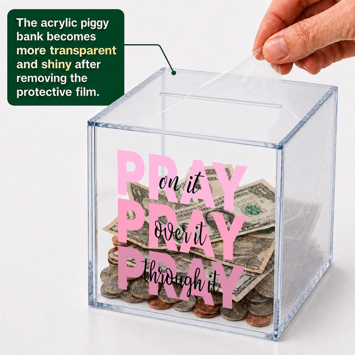 Pray On It Over It Through It Clear Acrylic Piggy Bank Inspirational