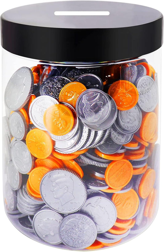 Large Coin Bank Jar, Big Clear Plastic Coin Money Tip Change Saving Piggy Jar with Black Slotted Lid, Large Plastic Coins Piggy Money Change Clear Bank for Adults Teens Kids Girls Boys