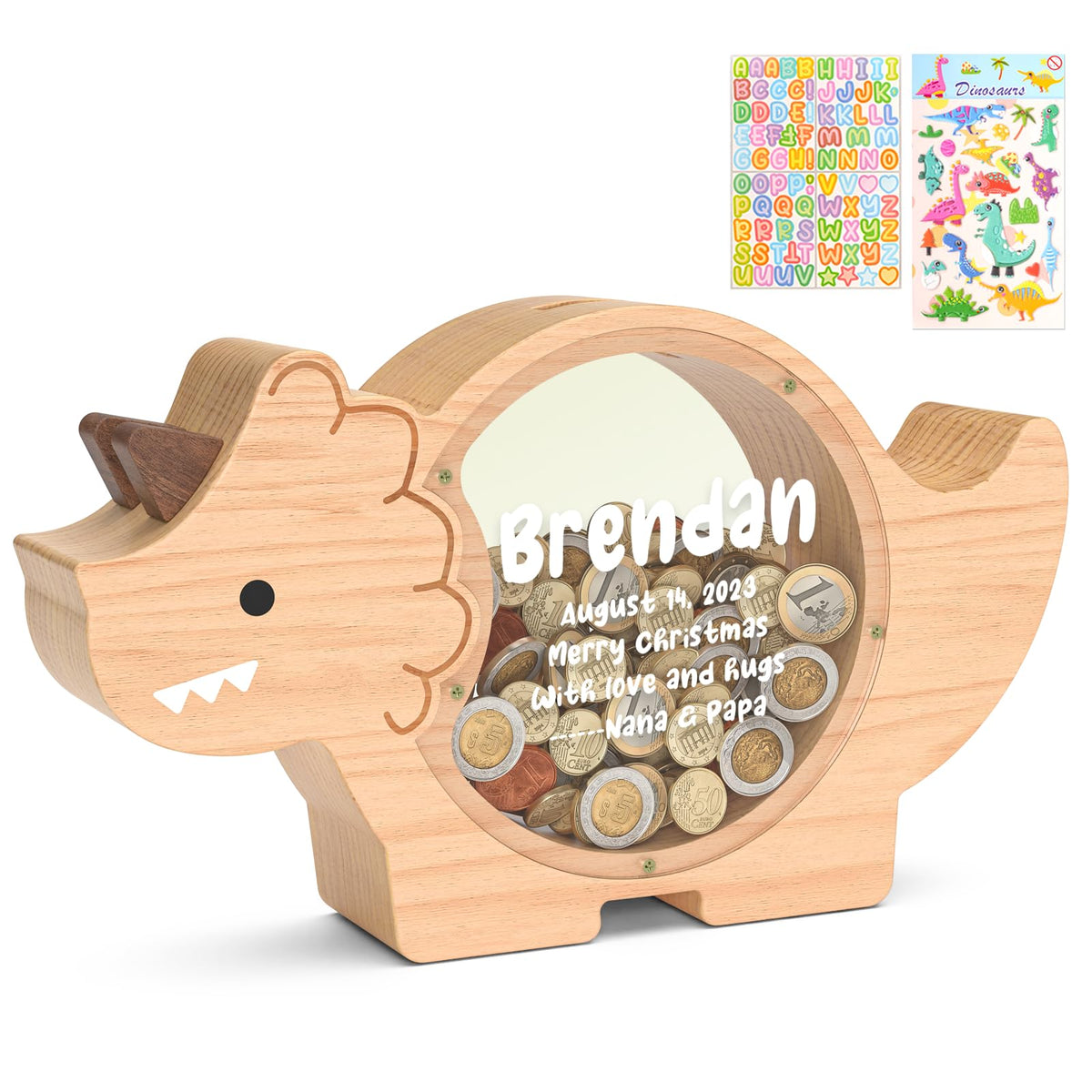 Summidate Wooden Dinosaur Piggy Bank, Large Clear Money Bank for Kids Boys