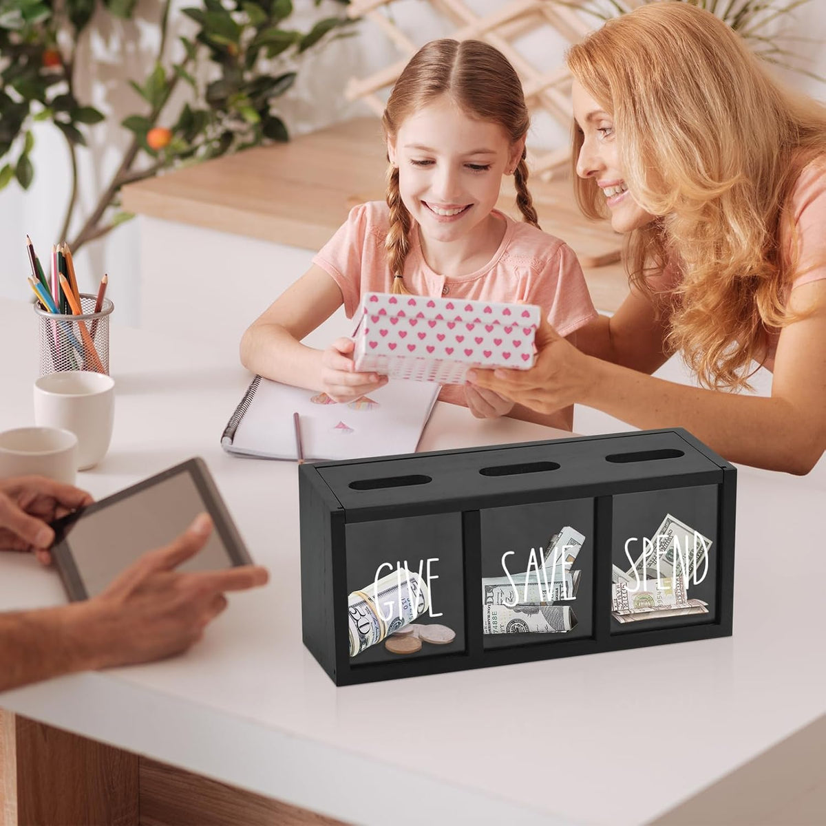 2 Pcs Piggy Bank for Kids Girls Boys, Wooden Give Save Spend Bank for Money Saving Box, Rustic Coin Banks for Adults, Change Coin Jar for Piggy Bank Toy, Early Ideas for Kids