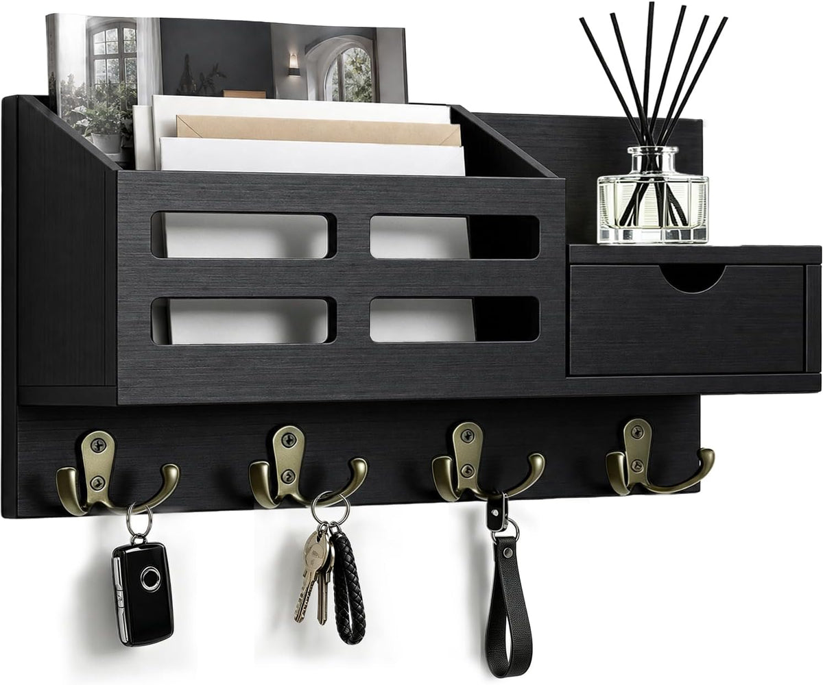 Key Holder Wall Mount Black Key Holder with Drawer& Mail Slot