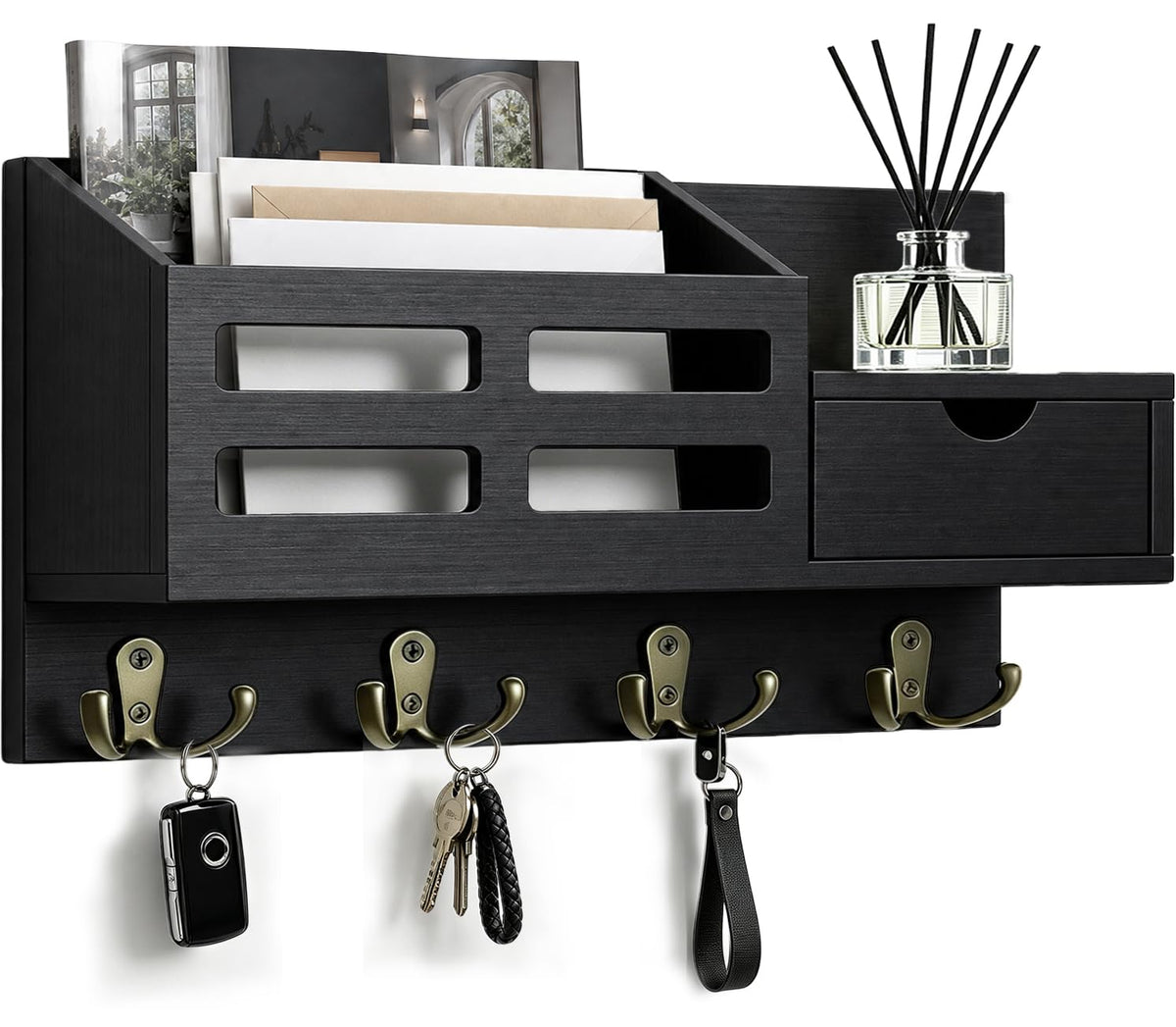 Key Holder Wall Mount Black Key Holder with Drawer& Mail Slot