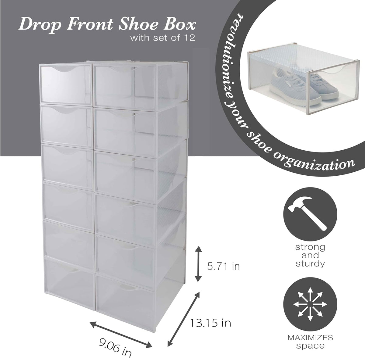 Simplify Set of 12 Stackable Shoe Boxes | Customizable | Fits Size 11 Shoes | Drop Front Design | Closet Storage | Sneakers | Heels | Clear and White