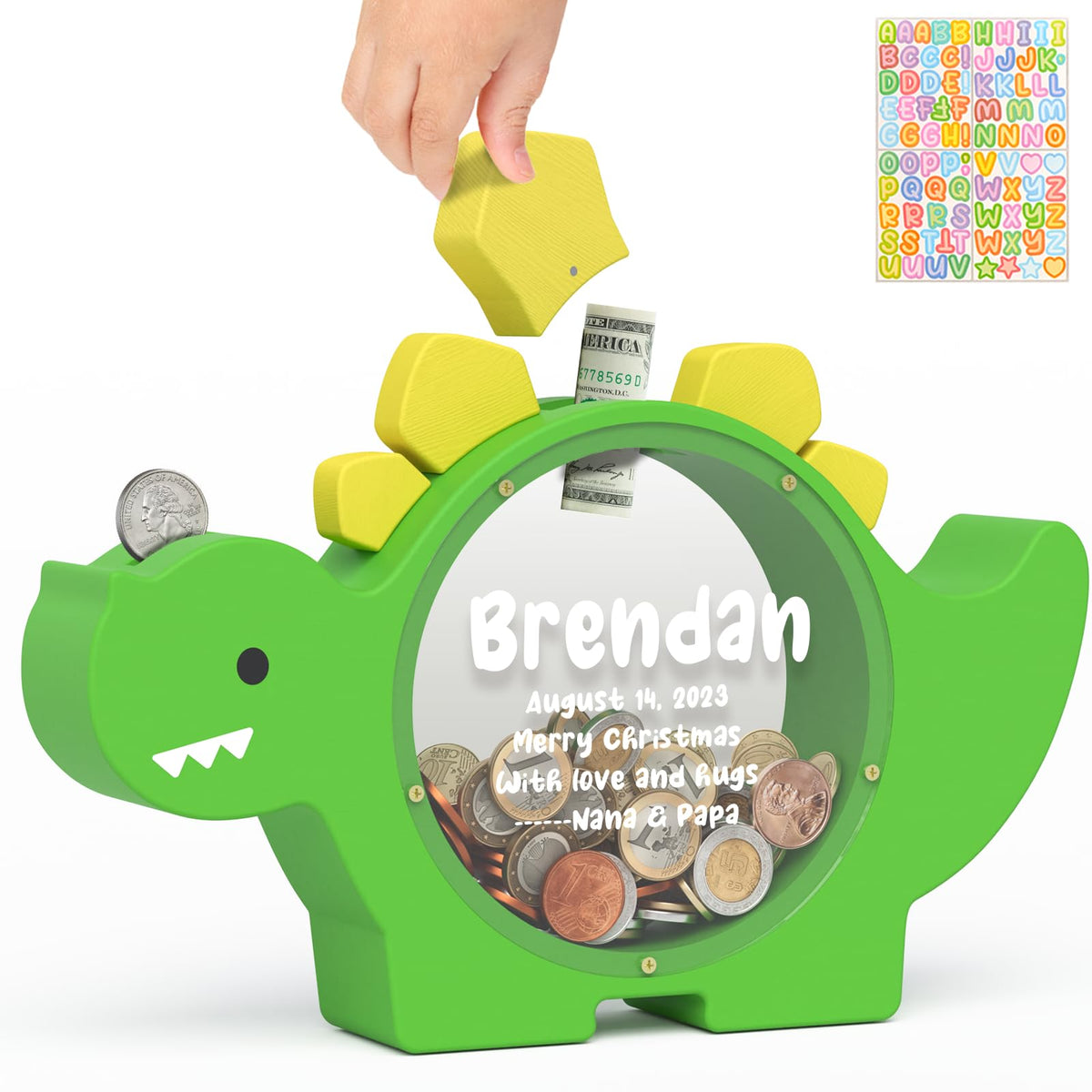 Summidate Wooden Dinosaur Piggy Bank, Large Clear Money Bank for Kids Boys