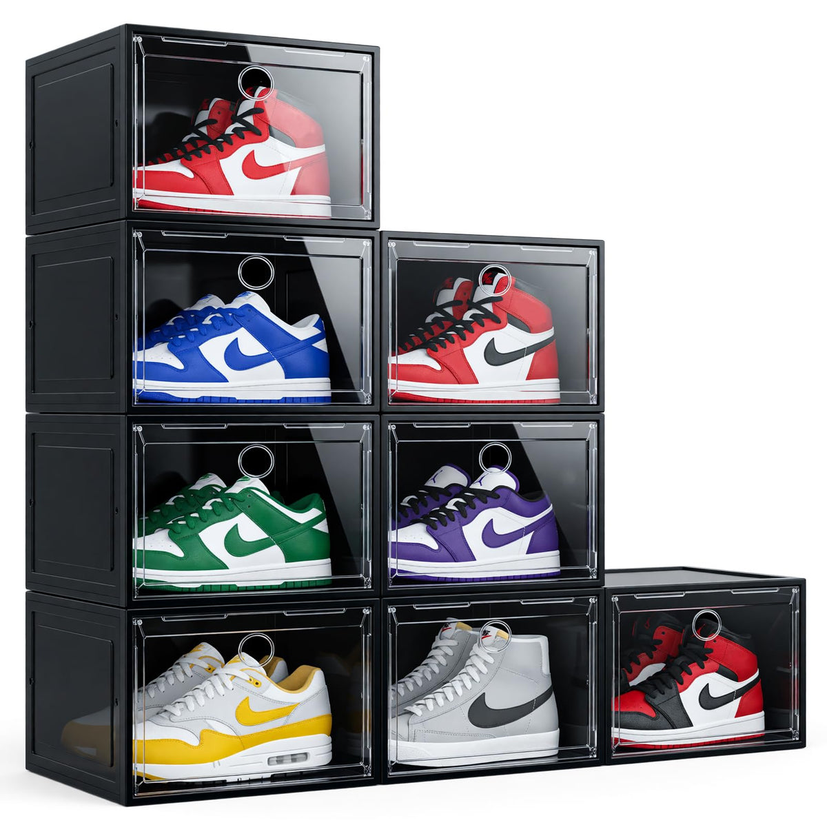 Large Clear Plastic Stackable Shoe Boxes 8-Pack, Drop Side Shoe Organizers
