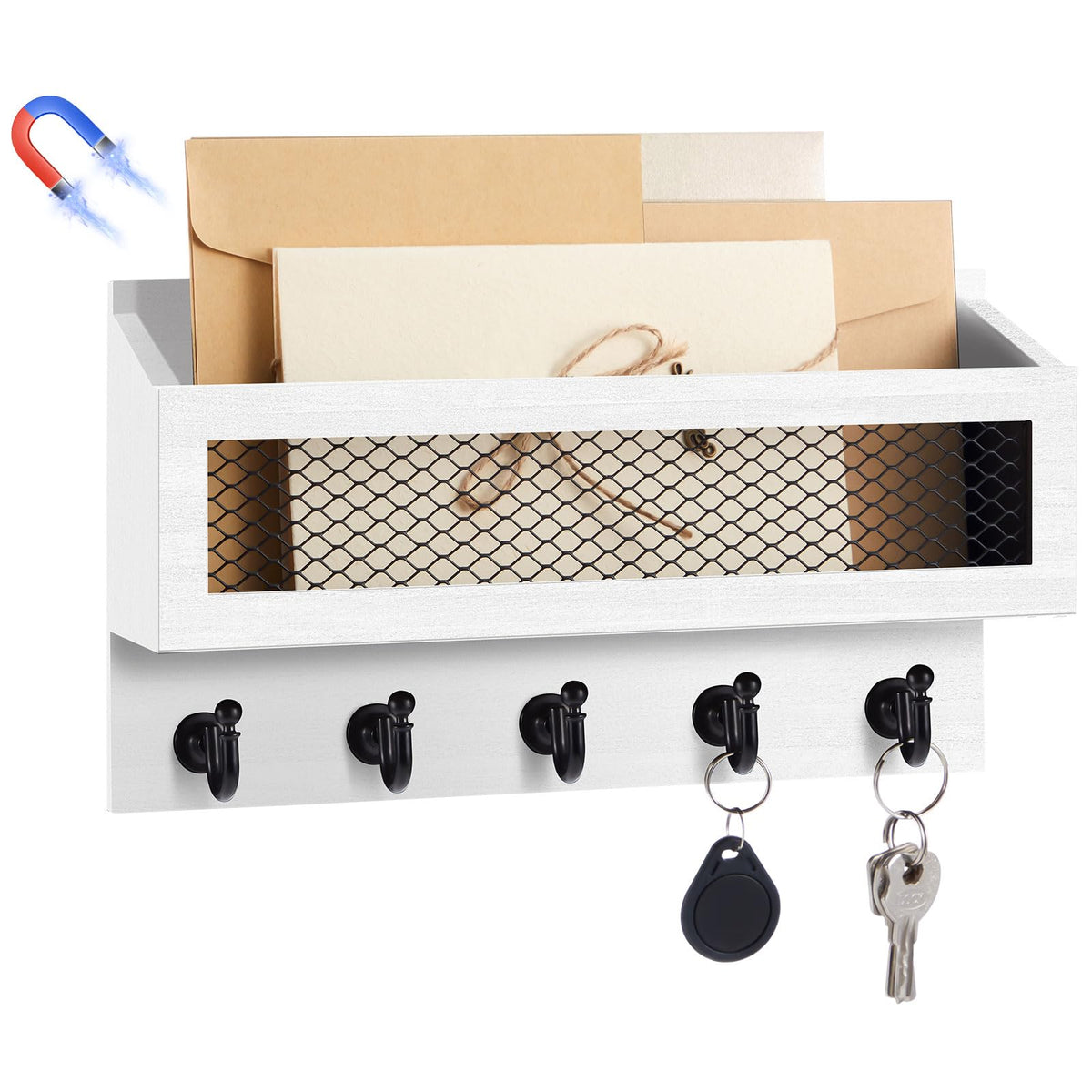Colingmill Magnetic Mail and Key Holder with 5 Hooks for Wall, Black