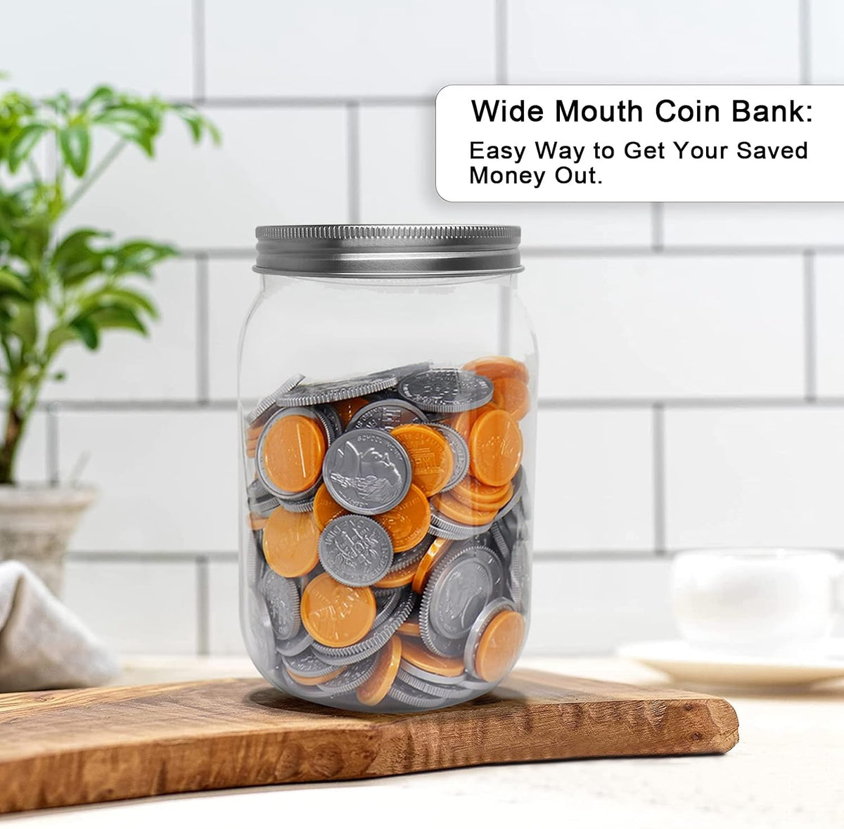 Small Coin Bank Jars 4-Pack, 16oz Clear Plastic Coin Money Tip Coin Jars with Silver Slotted Lids, Small Clear Plastic Coin Money Piggy Banks Mason Jars for Adults Teens Kids Girls Boys