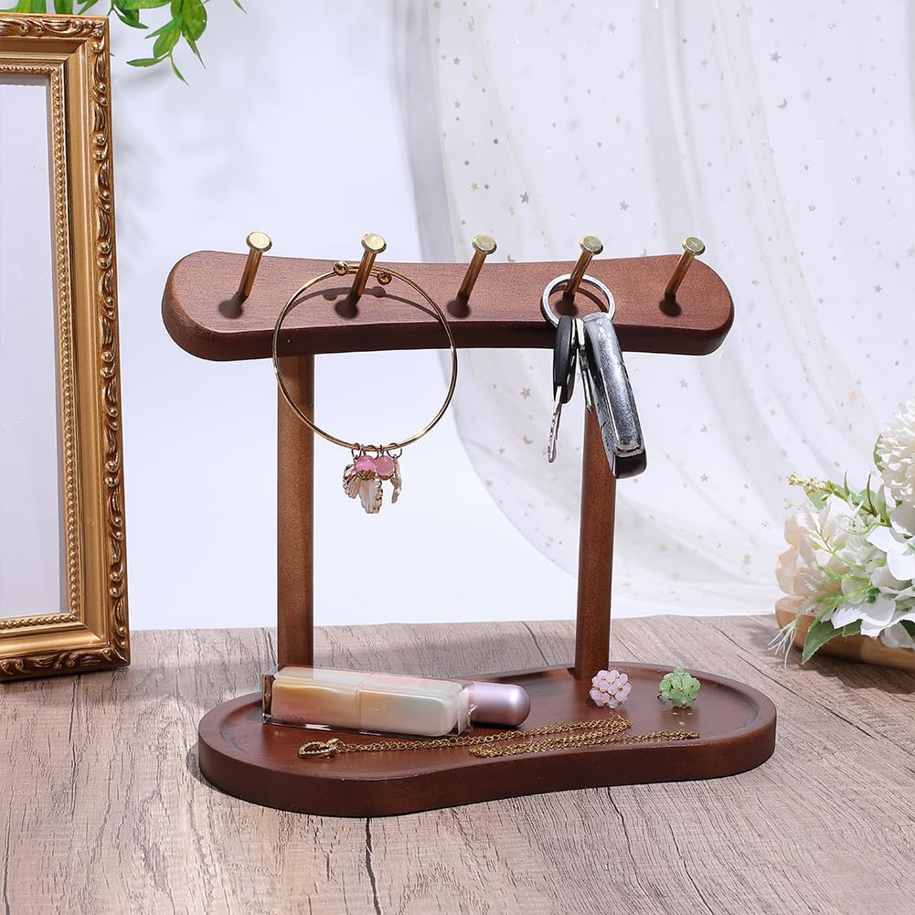 1Pcs Wooden Key Holder with Tray Wood Key Stand Holder Tray Wooden Keys Holders with 5 Hooks Entryway Table Keys Stand Tabletop Necklace and Jewelry Organizer for Home Office