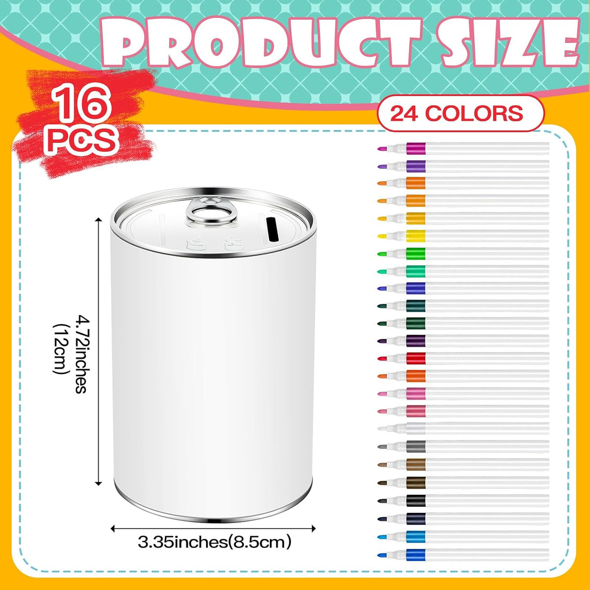 Tandefio 16 Pcs Kids DIY Coin Piggy Bank Metal Craft 24 Marker, White