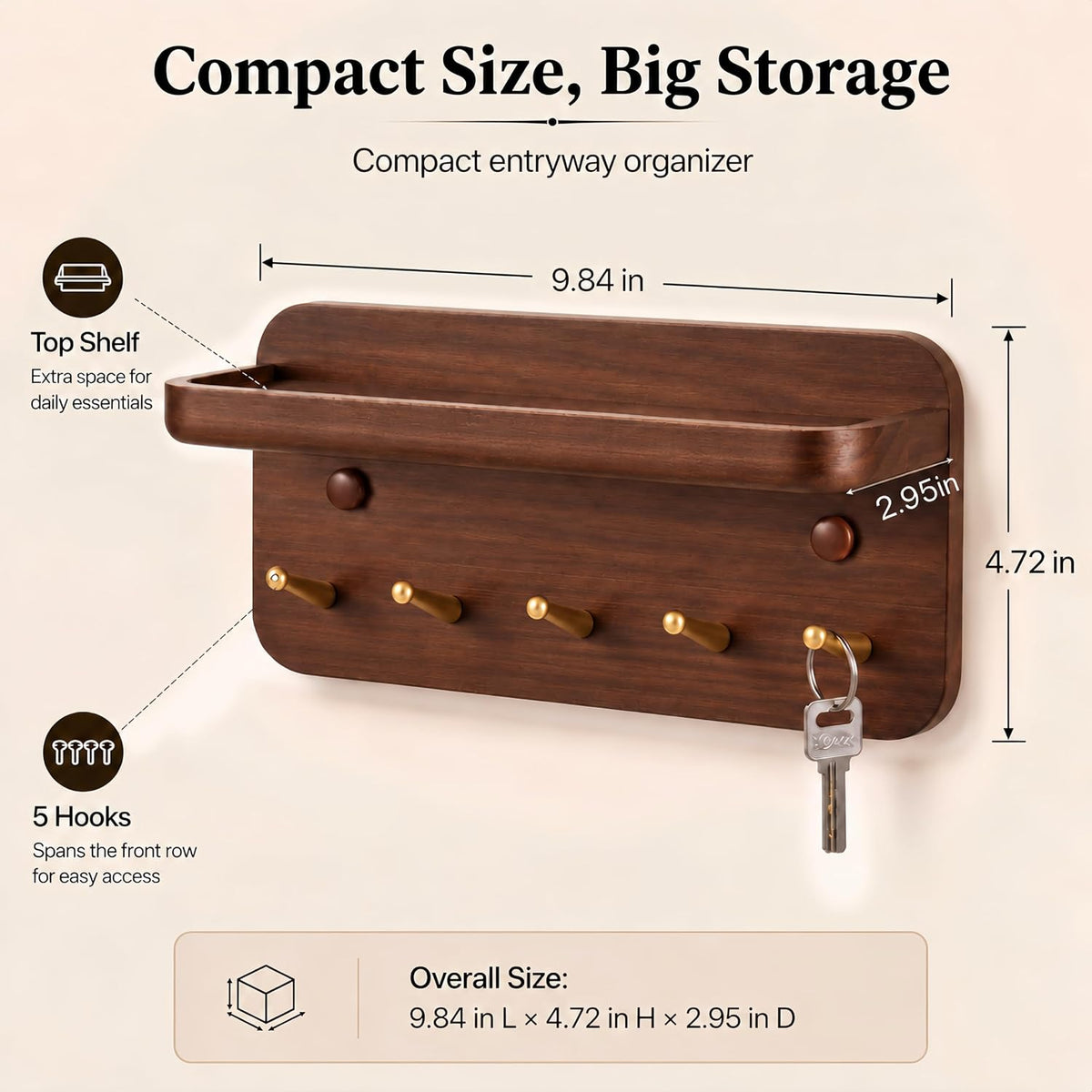 Mifoci Solid Wood Key Holder for Wall, 5 Brass Hooks & 3 Hidden Magnets