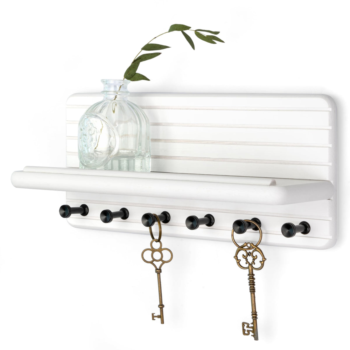 Rebee Vision Pine Wood Key Holder Wall Mount with Shelf for Entryway, Brown