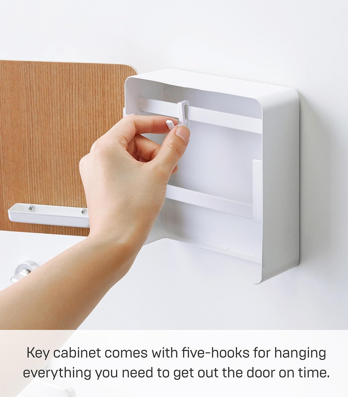 YAMAZAKI Home Rin Square Magnetic Key Cabinet - Wood Accented Keychain Organizer - Steel + Wood