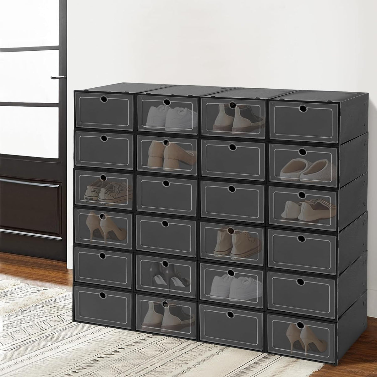 Shoe Storage Boxes 24 Pack Stackable Shoe Cabinet Organizer Sneaker Containers, Toy Storage Organizer Bins for Small Gear (Black)