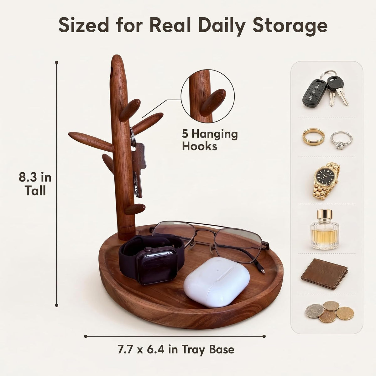Solid Acacia Key Tray for Entryway Table, Key Holder with 5 Hooks and Catchall Tray, Organizer for Wallet, Watch, Jewelry, Dresser Nightstand Room Decor Gift