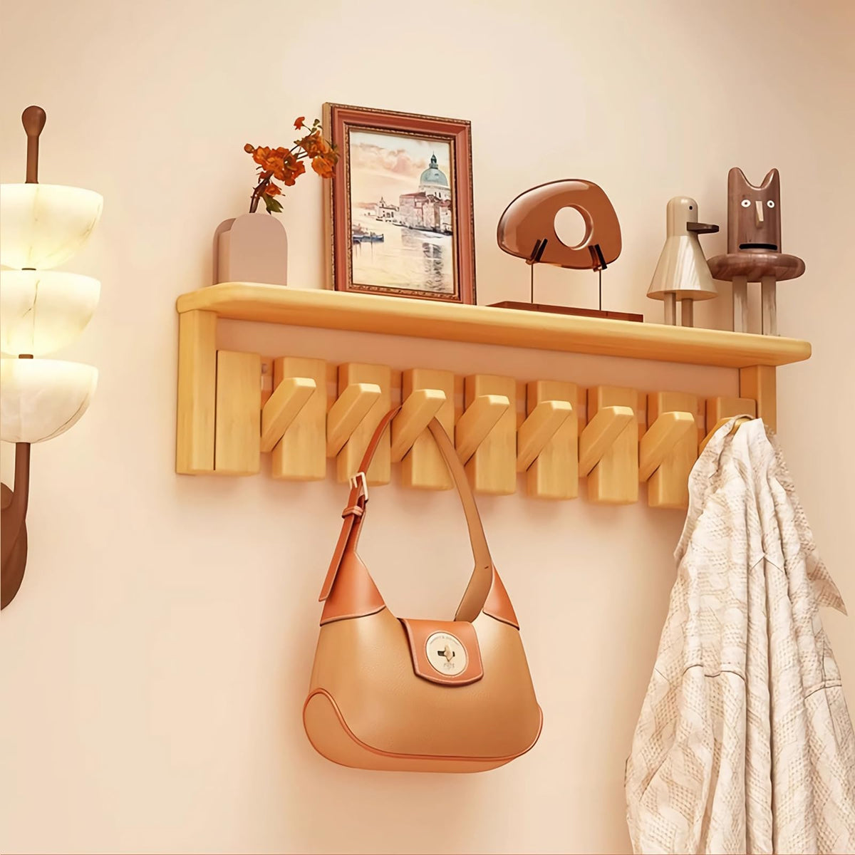 Paint Wood Wall Mounted Coat RackHooks Piano Key Hangers Natural Solid Wood Hanger Non-Woven Fabric Clothes Hangers for Closet, Kitchen, Bedroom, Bathroom, Entryway (Walnut-Beech, 8 Hooks)
