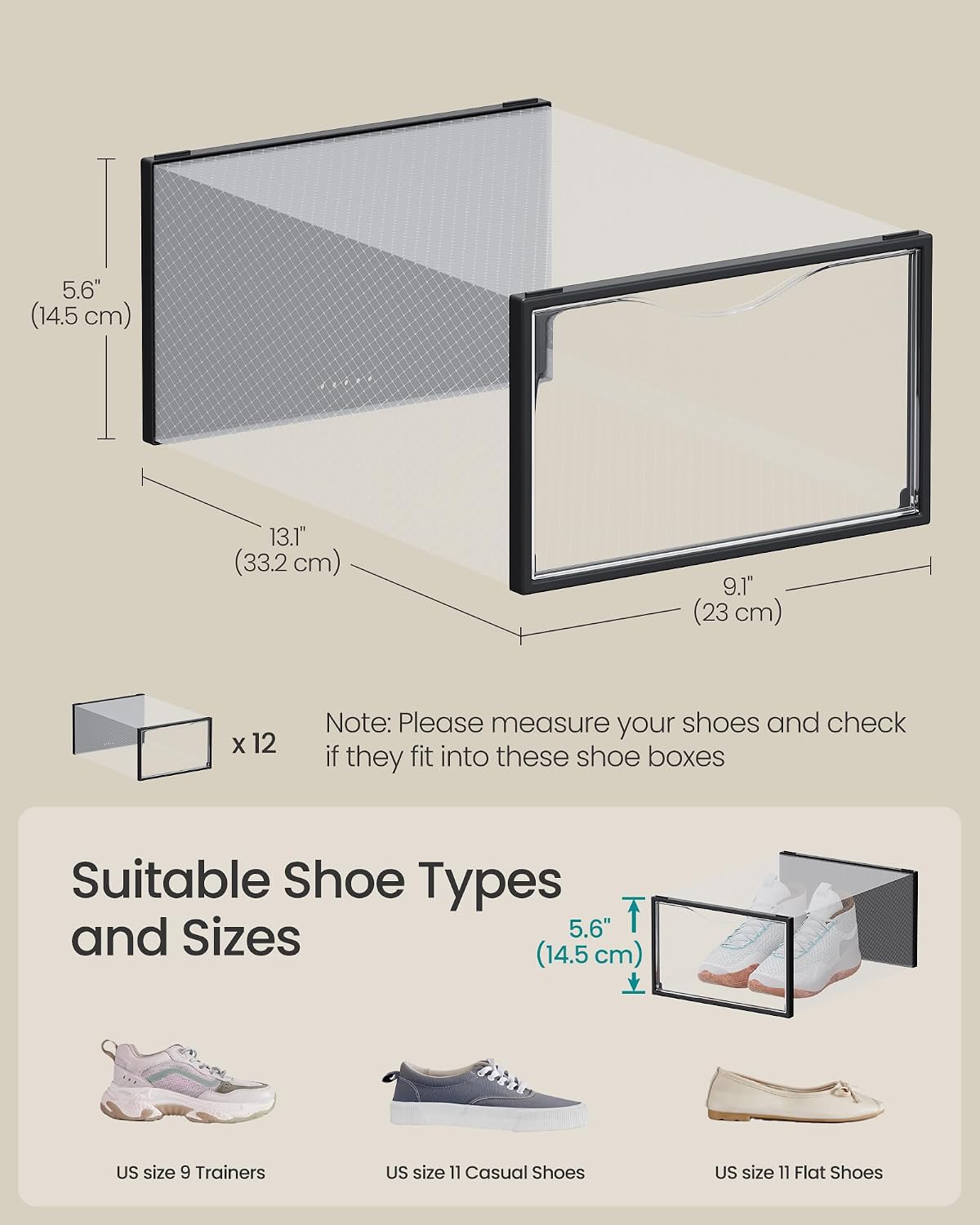SONGMICS Shoe Boxes, Stackable Sneaker Containers for Closet, 12 Pack