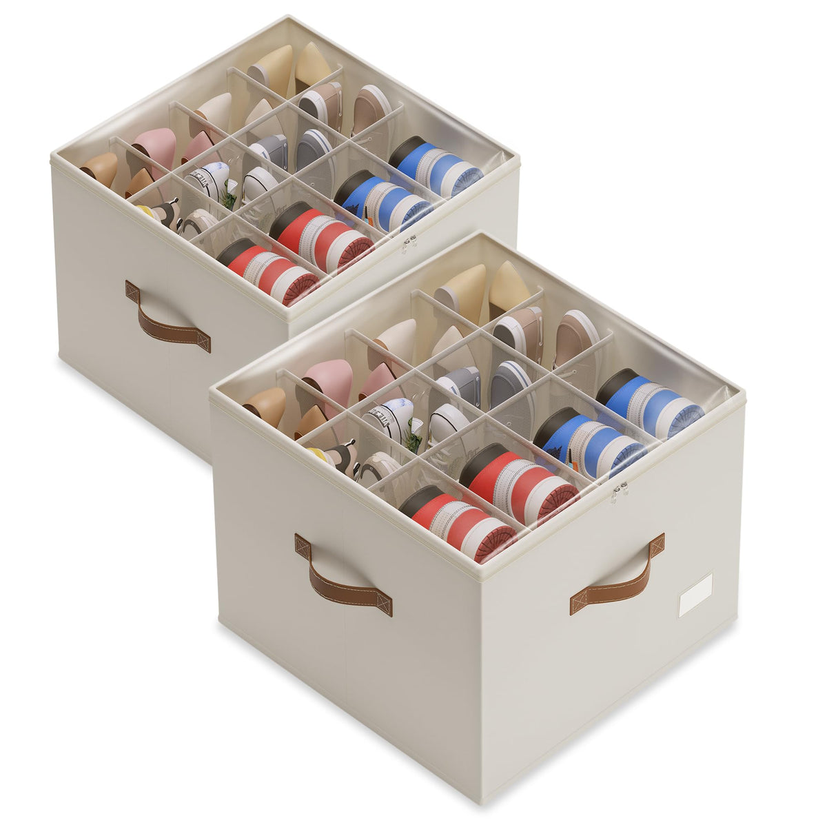 Vincona Shoe Organizer for Closet, 2 Pack Foldable Shoe Storage Bins with Clear Cover & Handles, 16-Compartment Shoe Box for Sneakers, Heels, Boots, Space-Saving Shoe Rack for Entryway, Dorm, RV
