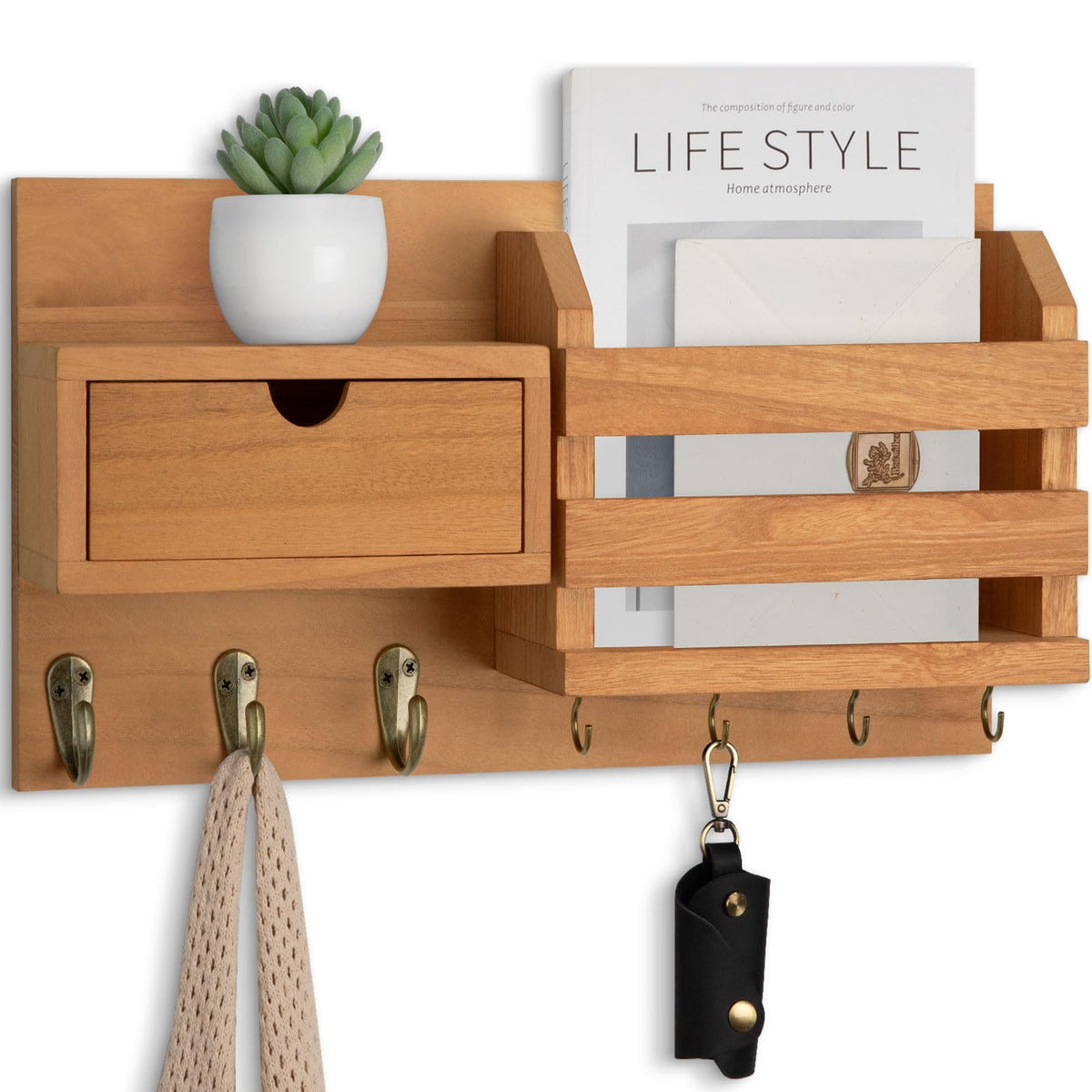 Lwenki Wall Mount Key Holder with Mail Organizer, 100% Paulownia Wood, 7 Metal Hooks, Storage Drawer, Entryway Home Decor (Brown)