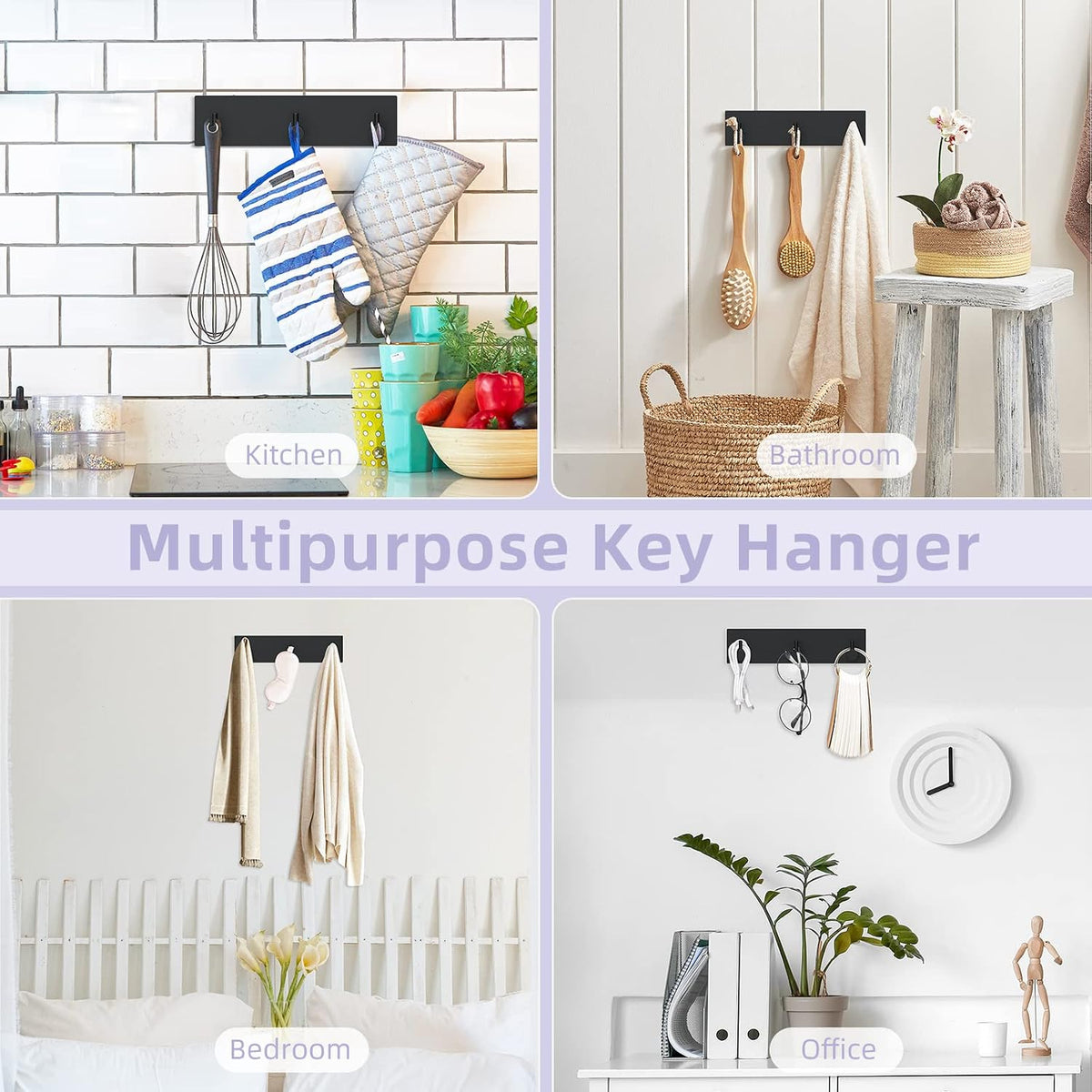 VIS'V Key Holder Wall Mount, Small Adhesive Key Hanger with 3 Hooks, Black
