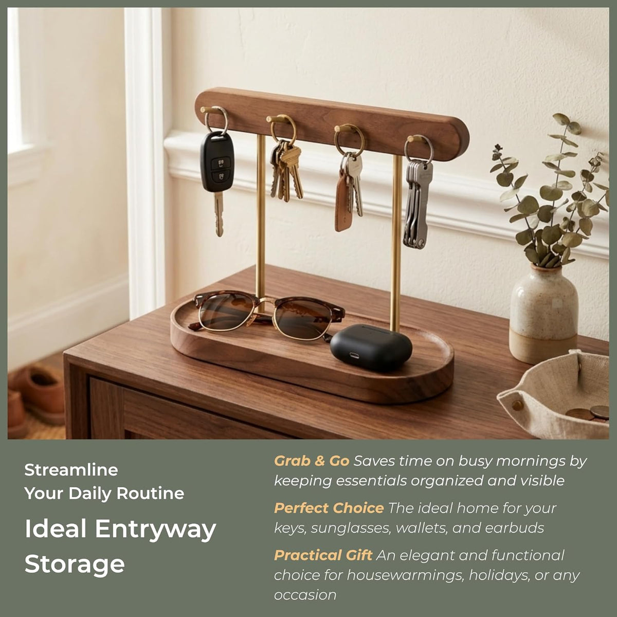 muso wood Walnut Entryway Key Stand with 4 Hooks for Keys & Jewelry