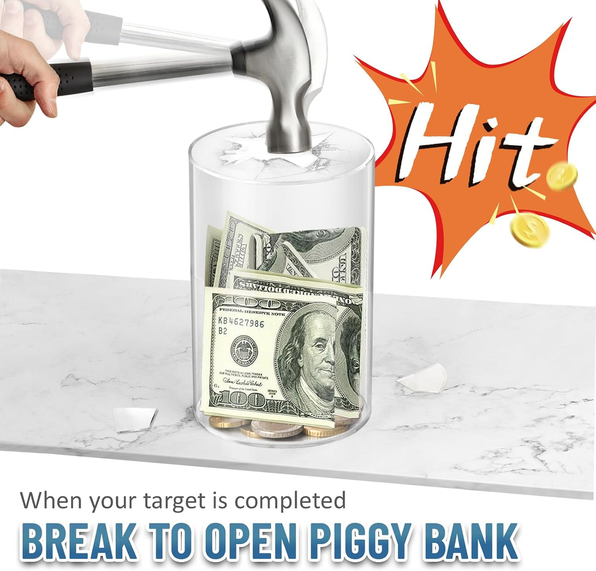 hizgo Kids Adults Piggy Bank, Clear Piggy Bank Must Break Open, 5.9" Hx3.55
