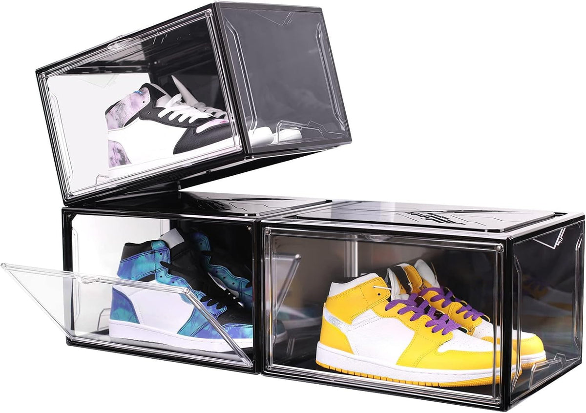 KDOR Clear Plastic Shoe box Organizer, 3 Pack Stackable Sneaker Boxes, Transparent Display Case with Magnetic lid, Tidy Home & Office Closet Storage