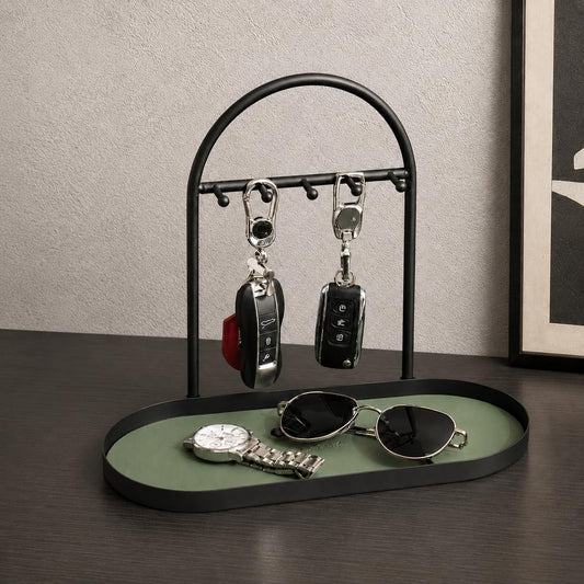 Shinpuru Key Holder Tray, Metal Stand with Leather Tray, 5 Hooks (Green)