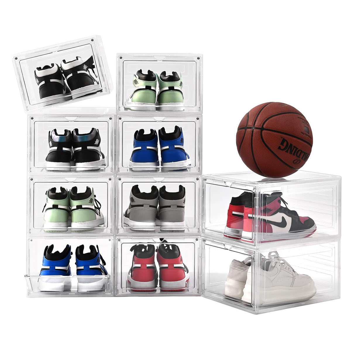 Shoe Organizer,Thicken & Sturdy Shoe Boxes with Magnetic Door,Stackable Plastic Shoe Storage Boxes Containersfor Sneakers,13.5" x 10.5" x 7.4" (Clear, 12 Pack)