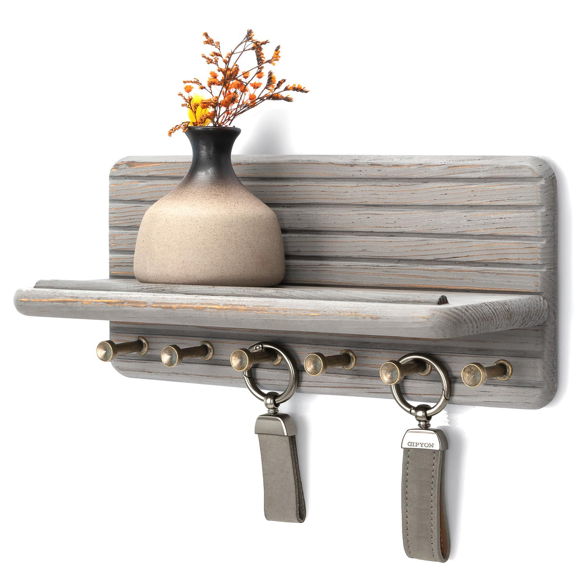 Rebee Vision Pine Wood Key Holder Wall Mount with Shelf for Entryway, Brown