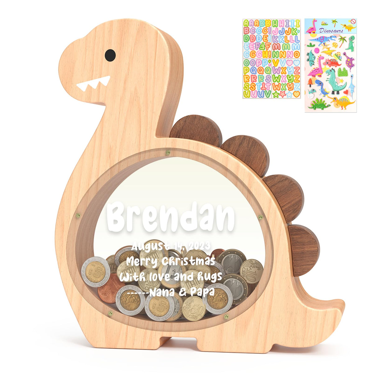 Summidate Wooden Dinosaur Piggy Bank, Large Clear Money Bank for Kids Boys