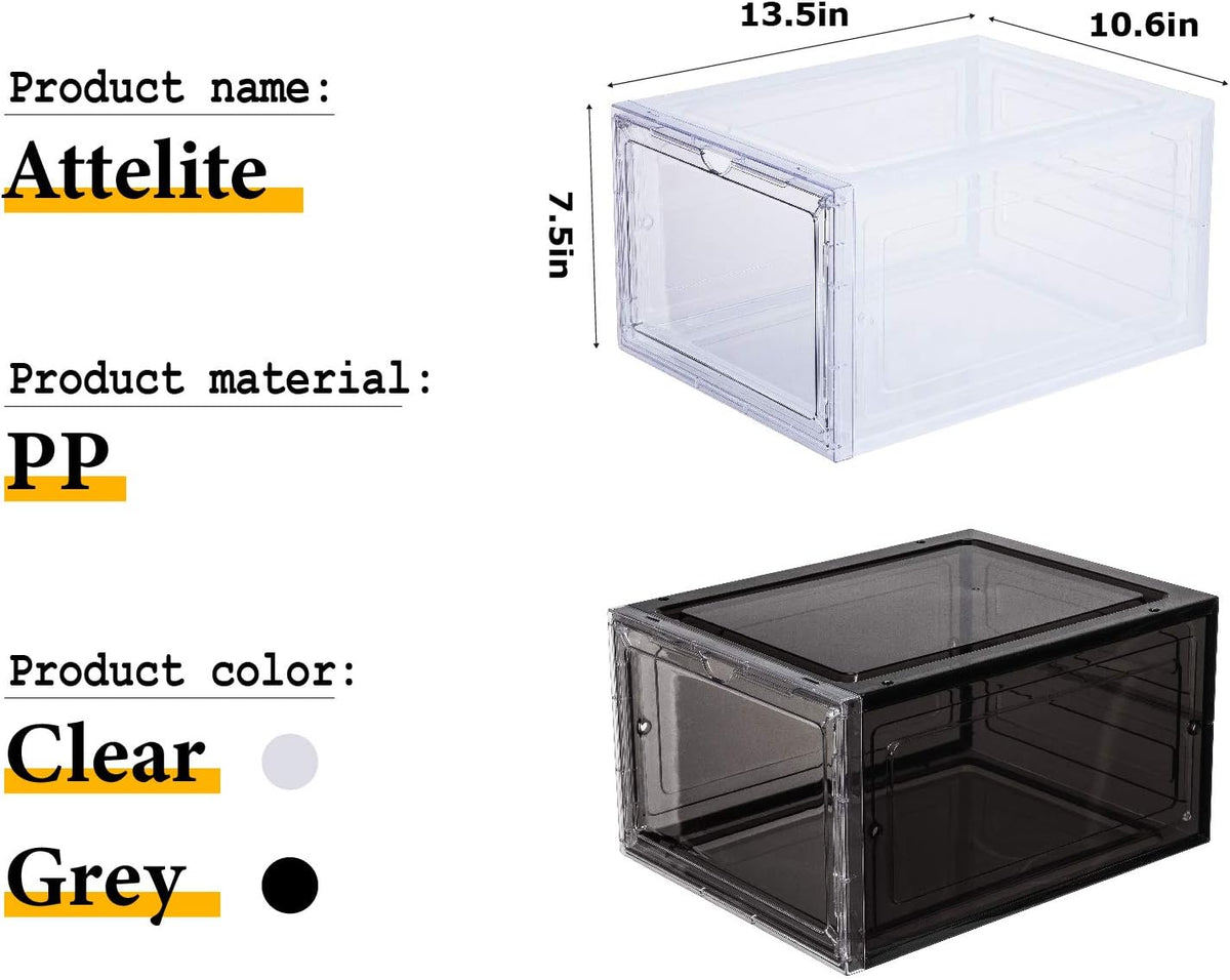 Attelite Shoe Storage Boxes Stackable Clear Shoe Organizer,6 Pack Black