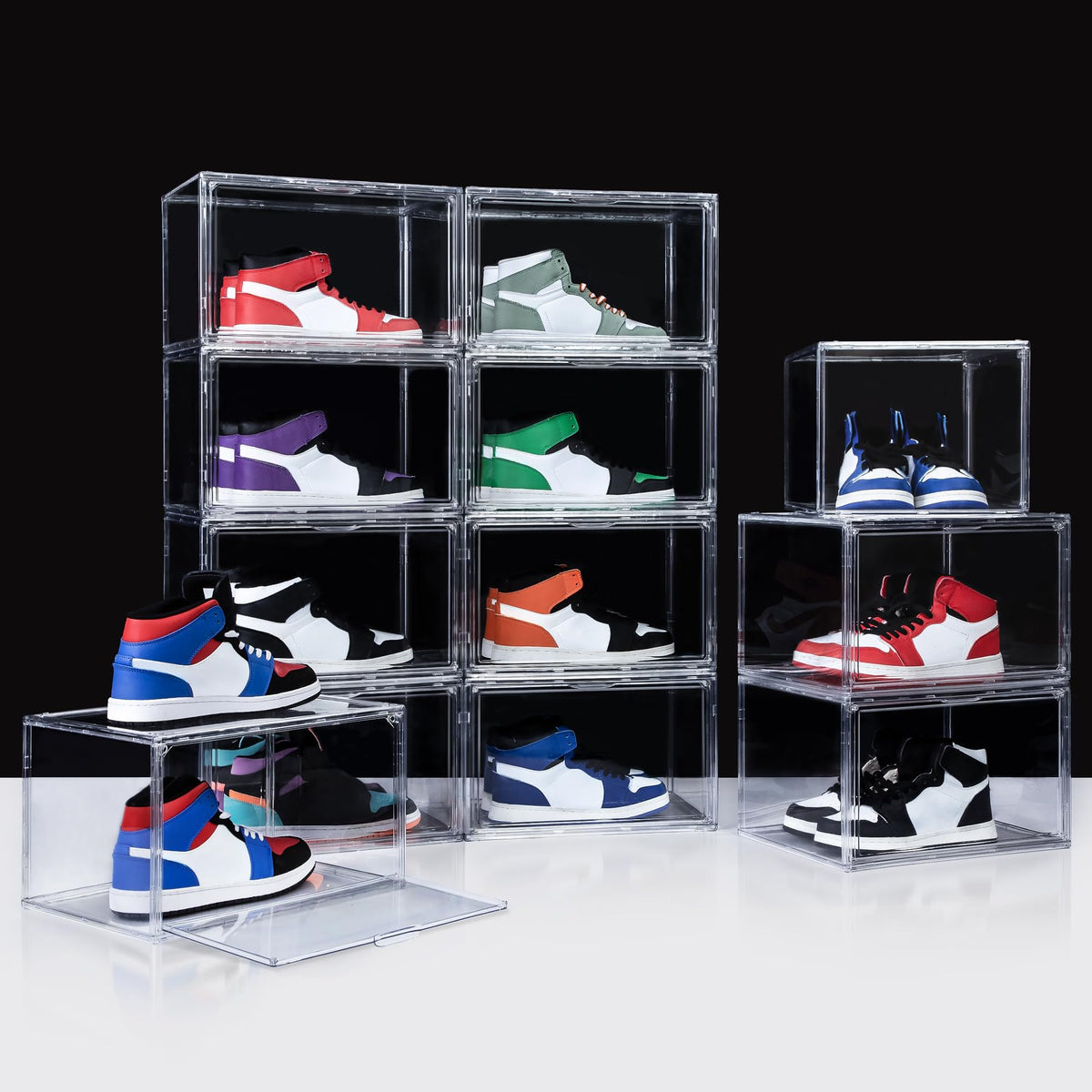 12 Pack Acrylic Shoe Boxes, Ultra Clear Shoe Boxes Stackable, Shoe Storage Box Sneaker Storage for Sneakerhead, Foldable Shoe Organizer with Magnetic Door, Professional Shoe Display Fits US Size 15