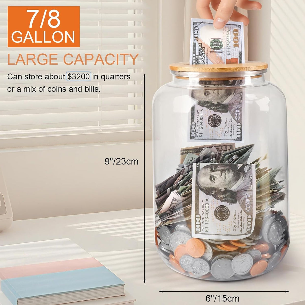 Clear Piggy Bank with Slotted Lid, 7/8 Gallon Plastic Money Saving Jar Bank Box Container for Cash Saving, Clear Large Money Coin Change Bank Jar Container Penny Piggy Jar Bank for Adults Kids