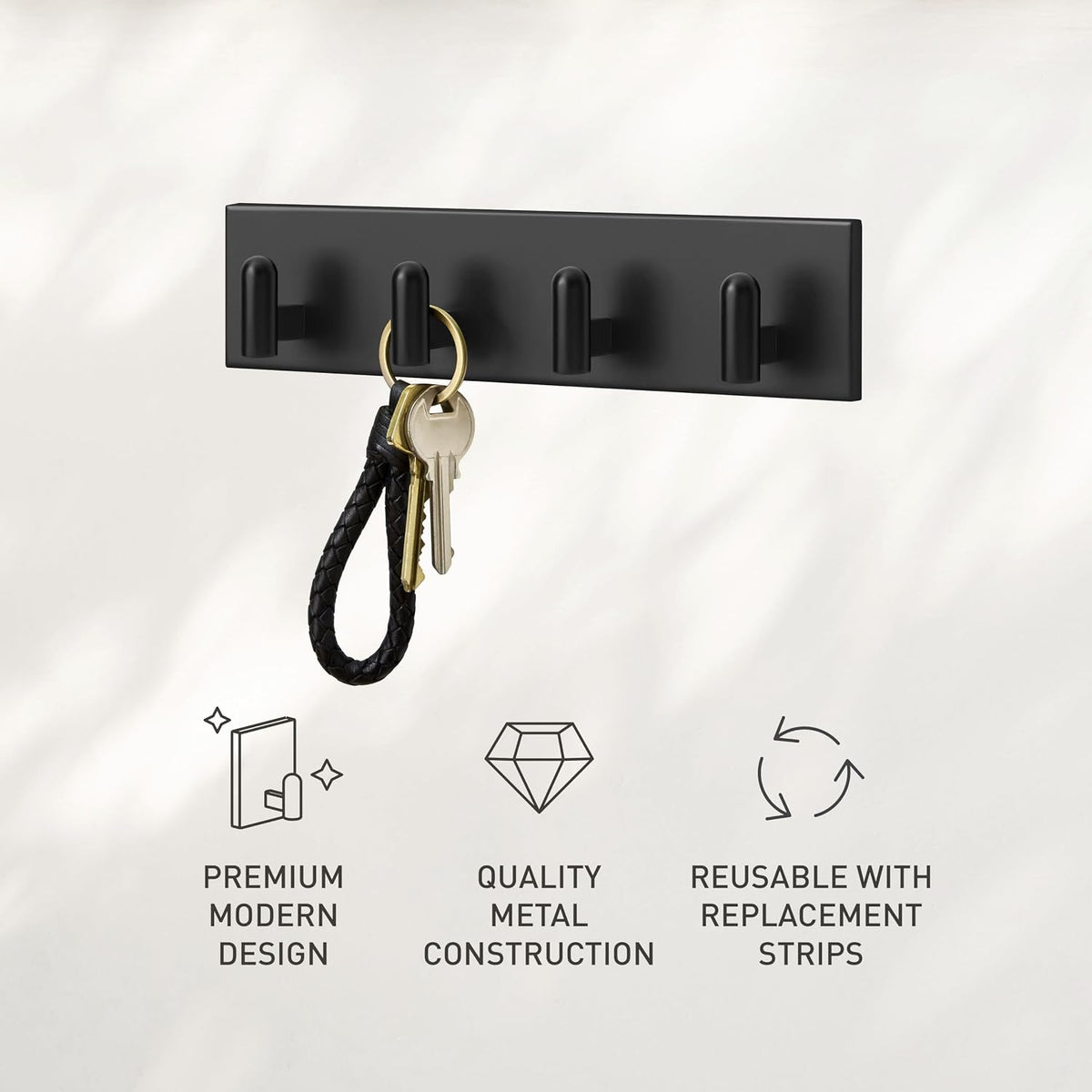 Command Decor Metal Key Rail, Matte Black, 1 Hook Rail, 8 Small Strips