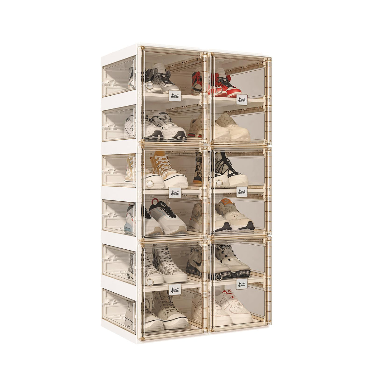 ANTBOX Foldable Shoe Rack,Shoe Organizers for Closet Plastic Shoe Storage Box Space Saving for Entryway, Large Sturdy Stackable Sneaker Cabinet Bins with Magnetic Clear Door 8 Tiers 16 Pairs