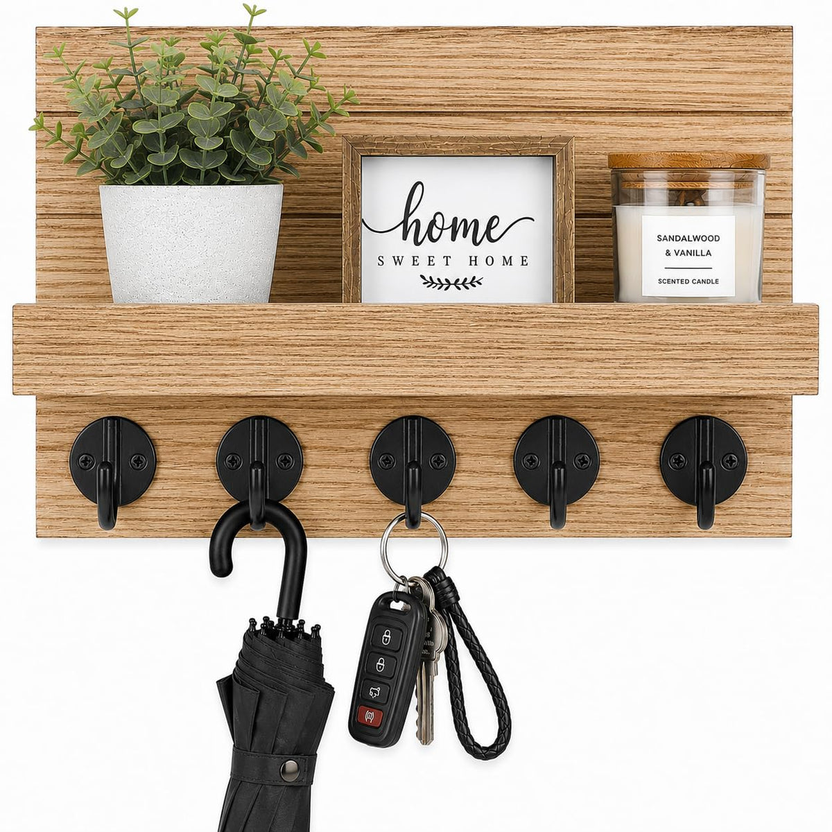 Key Holder for Wall, Decorative Key and Mail Holder, Key Holder Wall Mount with Shelf and Large Hooks, Easy Installation Key Rack for Entryway and Home Decor