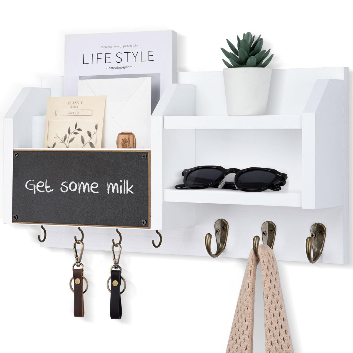 Lwenki Mail and Key Holder – Wall Mount Key Hanger with Shelf and 7 Metal Hooks – Decorative Natural Paulownia Wood Entryway Organizer with Mounting Hardware (16.5”W x 8.7”H x 3.5”D) (White)