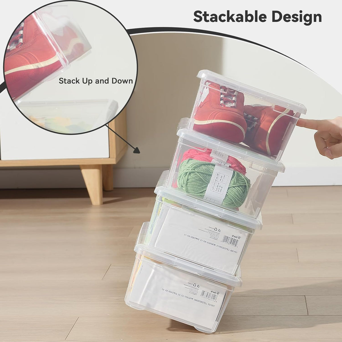 novelinks 8 Pack 6QT Plastic Storage Bins with Lids, Shoe Boxes (Clear)