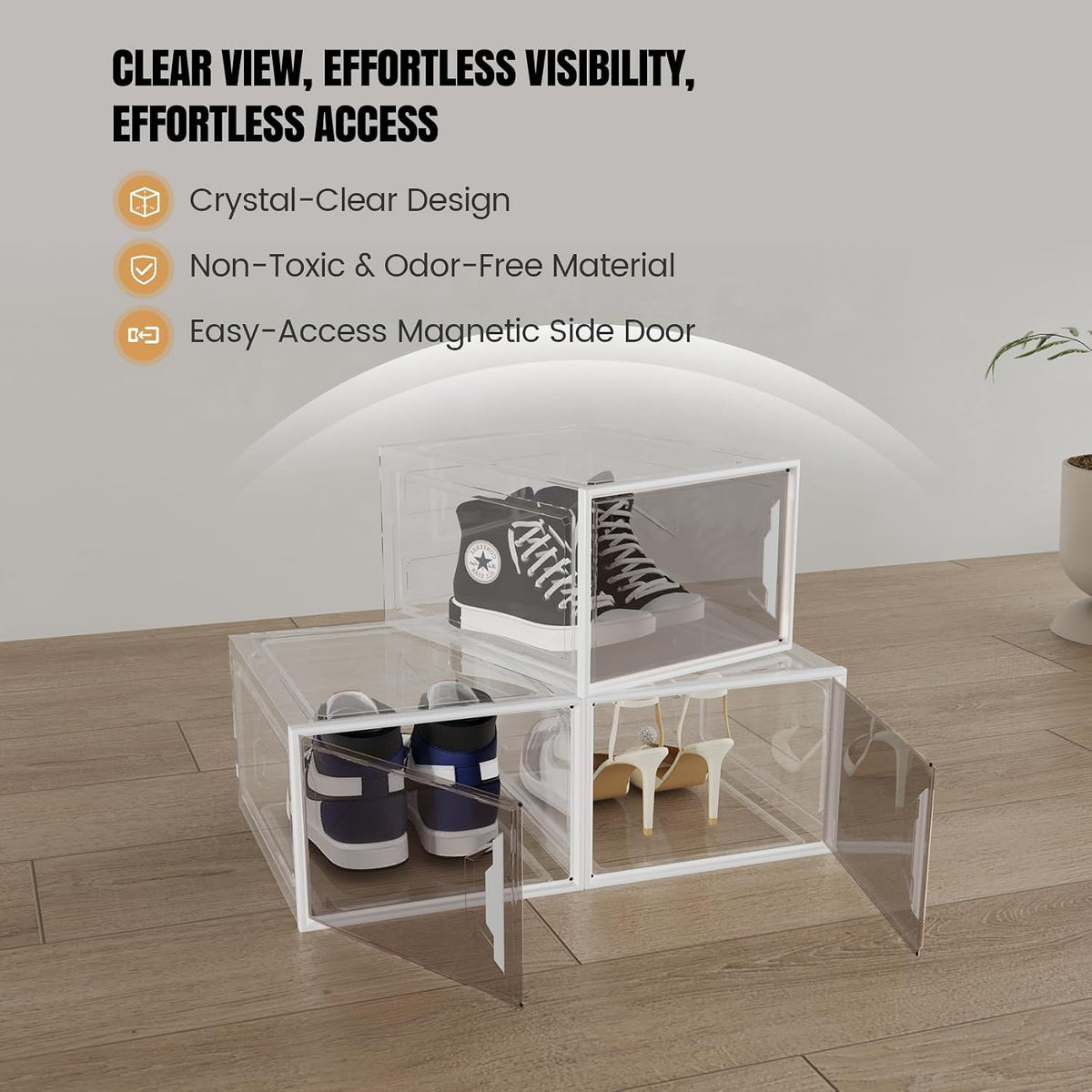 6 Pack Shoe Storage Box Organizer, Clear Thicken Stackable Plastic Shoe Boxes with Magnetic Door, Sturdy Shoe Containers for Sneakers Boots, Easy to Assemble, Fit up to US Size 12(13.2"×10.6"×7.5")
