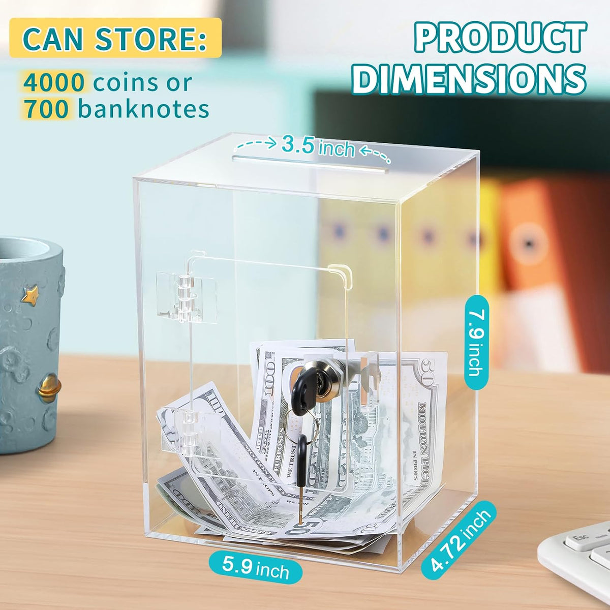 Clear Piggy Bank with Lock & Key for Adults Kids, Acrylic Money Saving Box