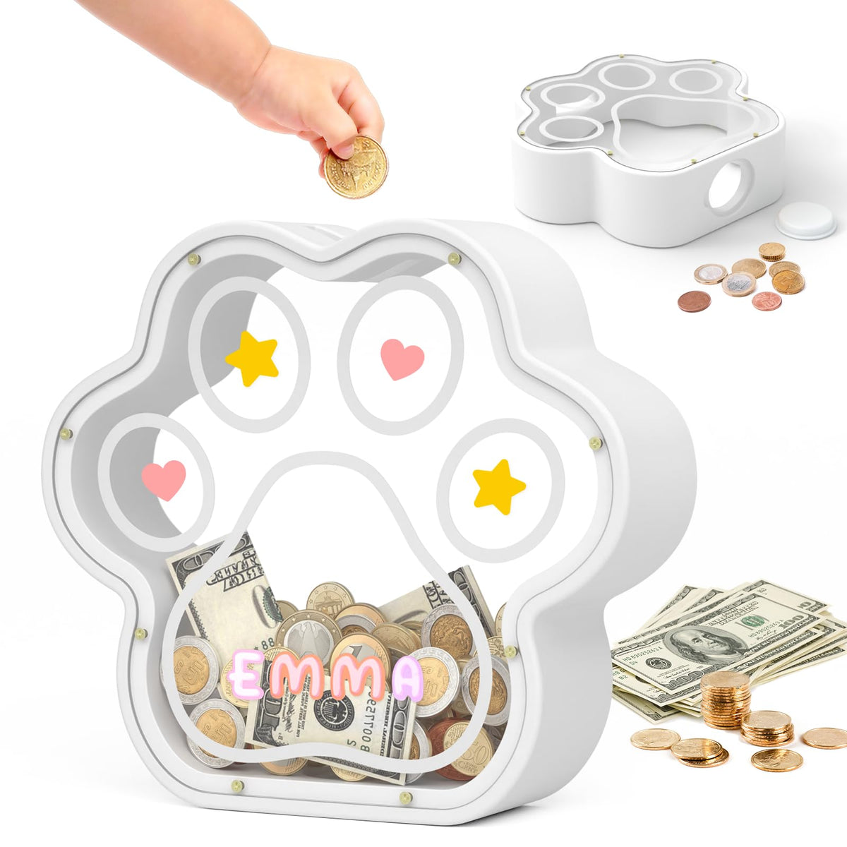 KMC Wooden Piggy Bank for Kids, Natural Cat Dog Paw Coin Bank with Stickers