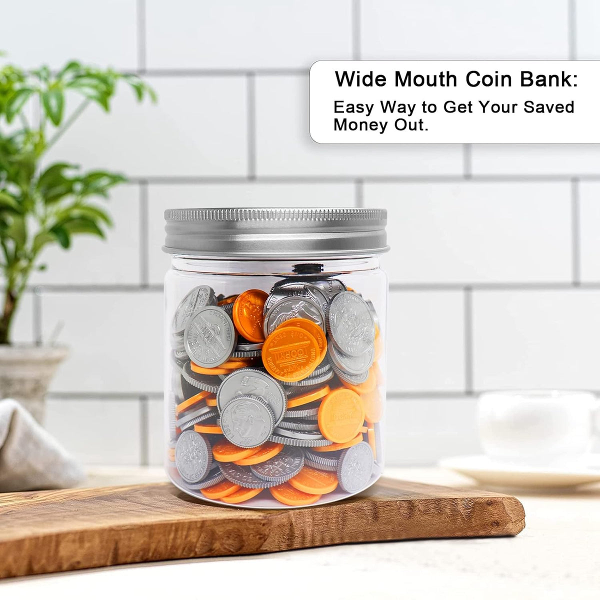 Small Coin Bank Jars 4-Pack, 16oz Clear Plastic Coin Money Tip Coin Jars with Silver Slotted Lids, Small Transparent Plastic Coin Money Piggy Banks Jars for Adults Teens Kids Girls Boy, Silver