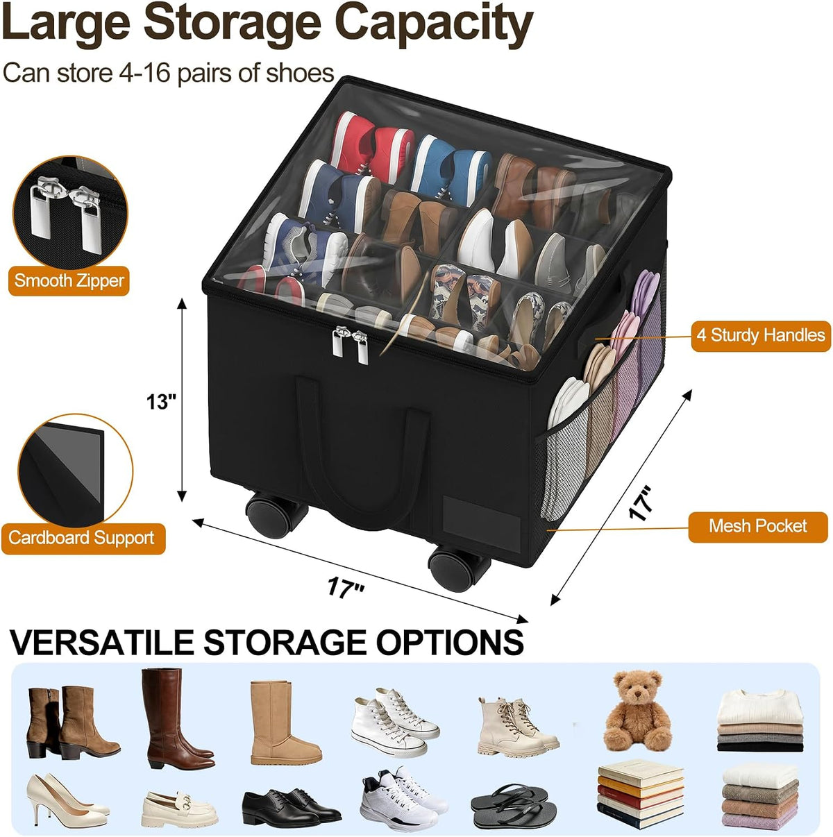Large Shoe Organizer for Closet, 16 Pairs Shoe Storage Box Black