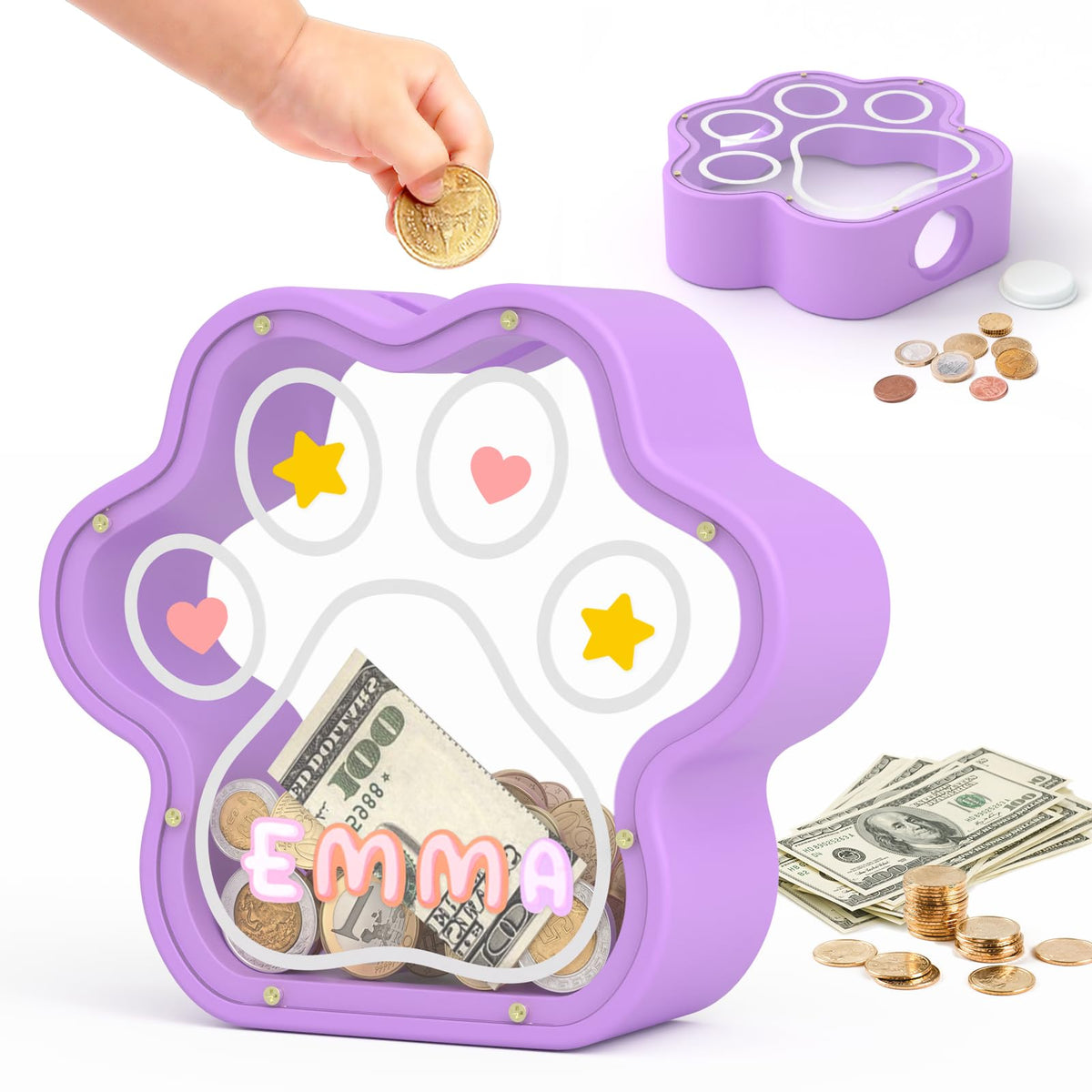 KMC Wooden Piggy Bank for Kids, Natural Cat Dog Paw Coin Bank with Stickers