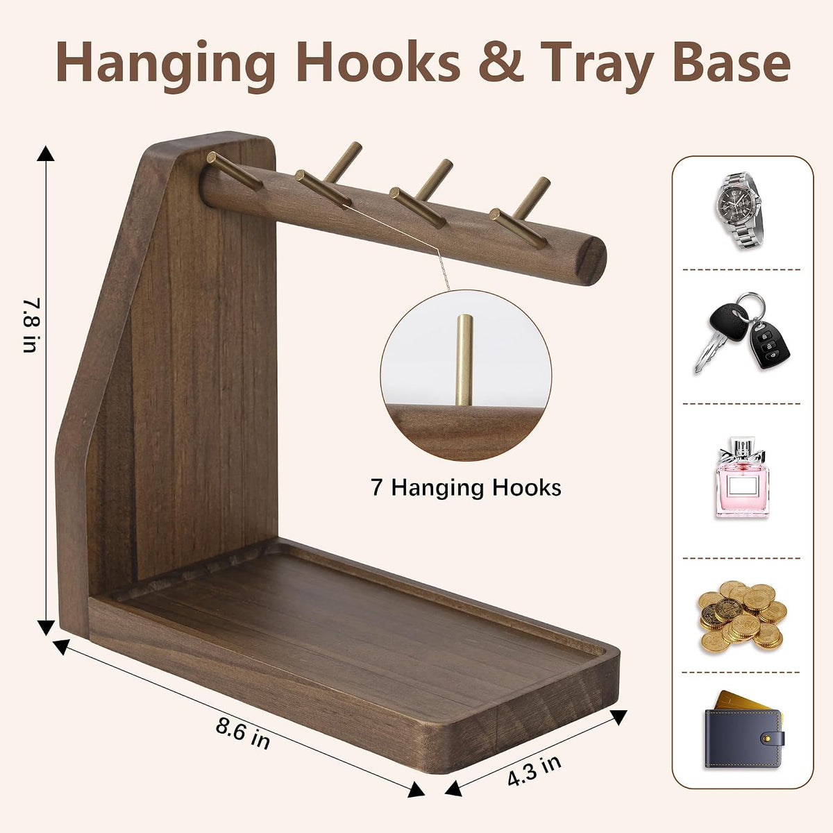Key Tray with 7 Hooks for Keys and Jewelry, Fit Entryway Table
