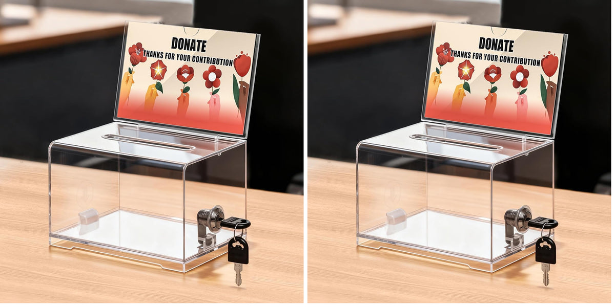 KYODOLED Clear Donation Box With Lock, Acrylic Raffle Box & Tip Jar, 2 Pack
