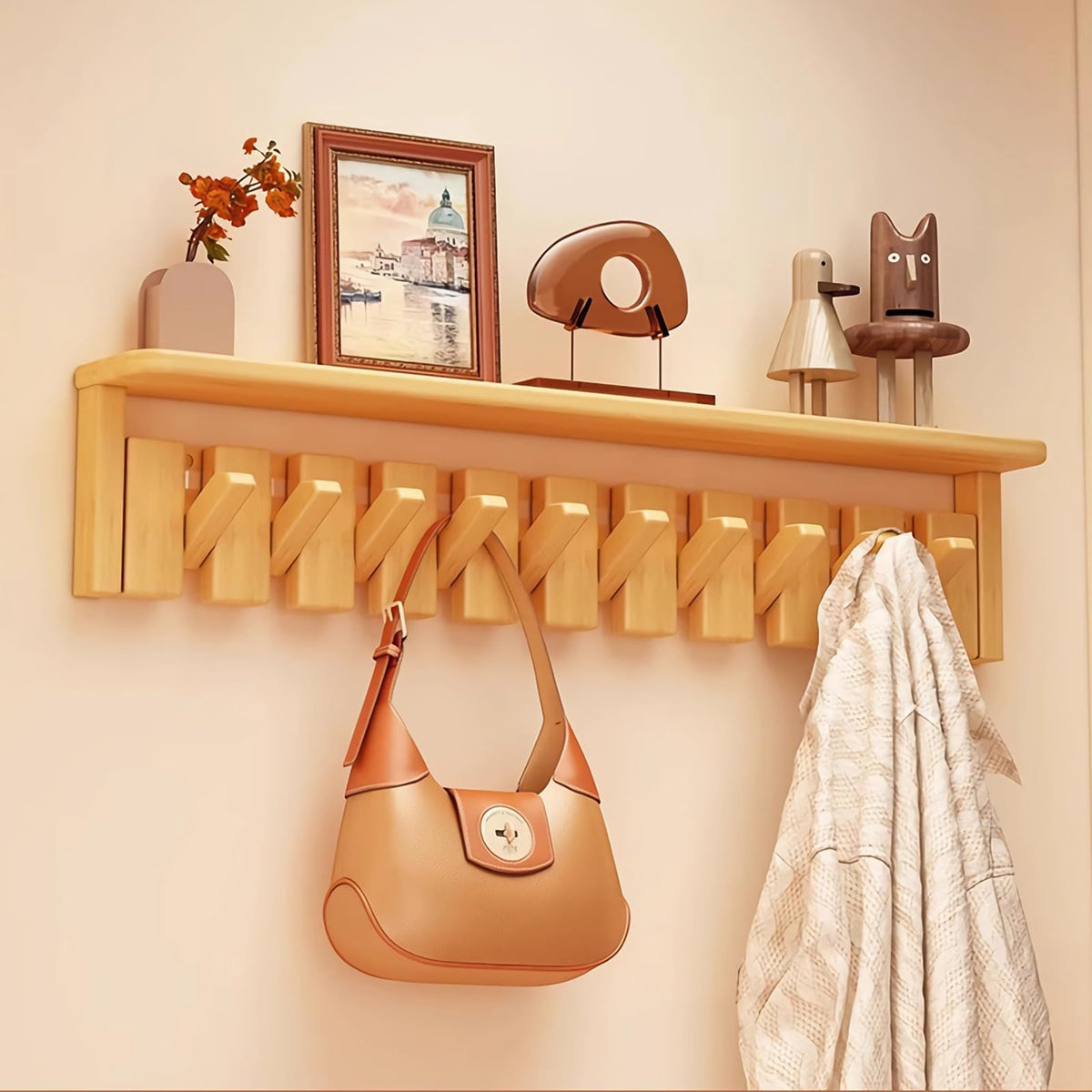 Paint Wood Wall Mounted Coat RackHooks Piano Key Hangers Natural Solid Wood Hanger Non-Woven Fabric Clothes Hangers for Closet, Kitchen, Bedroom, Bathroom, Entryway (Walnut-Beech, 8 Hooks)
